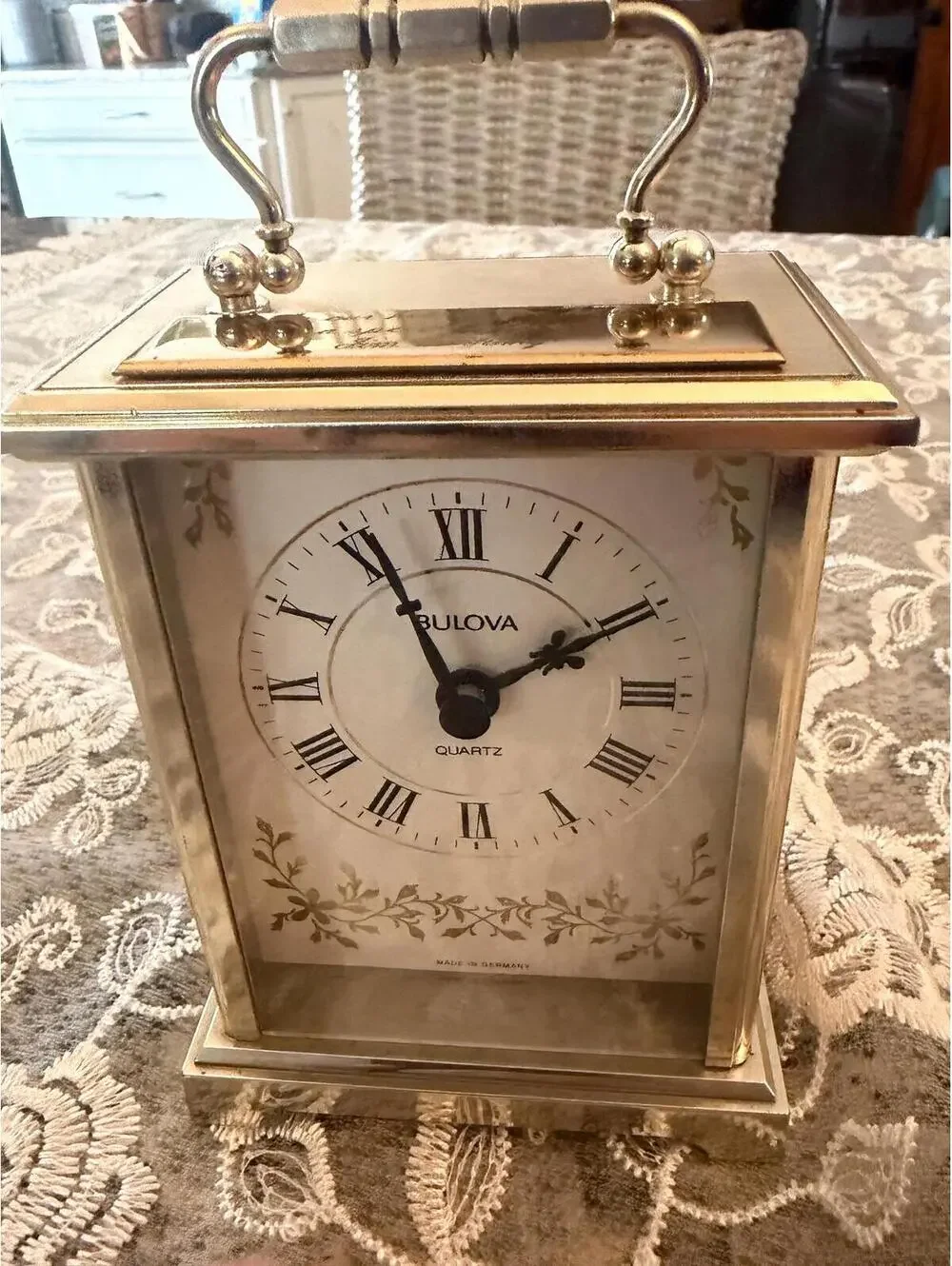 A vintage Bulova quartz carriage clock made in Germany. [COPY]